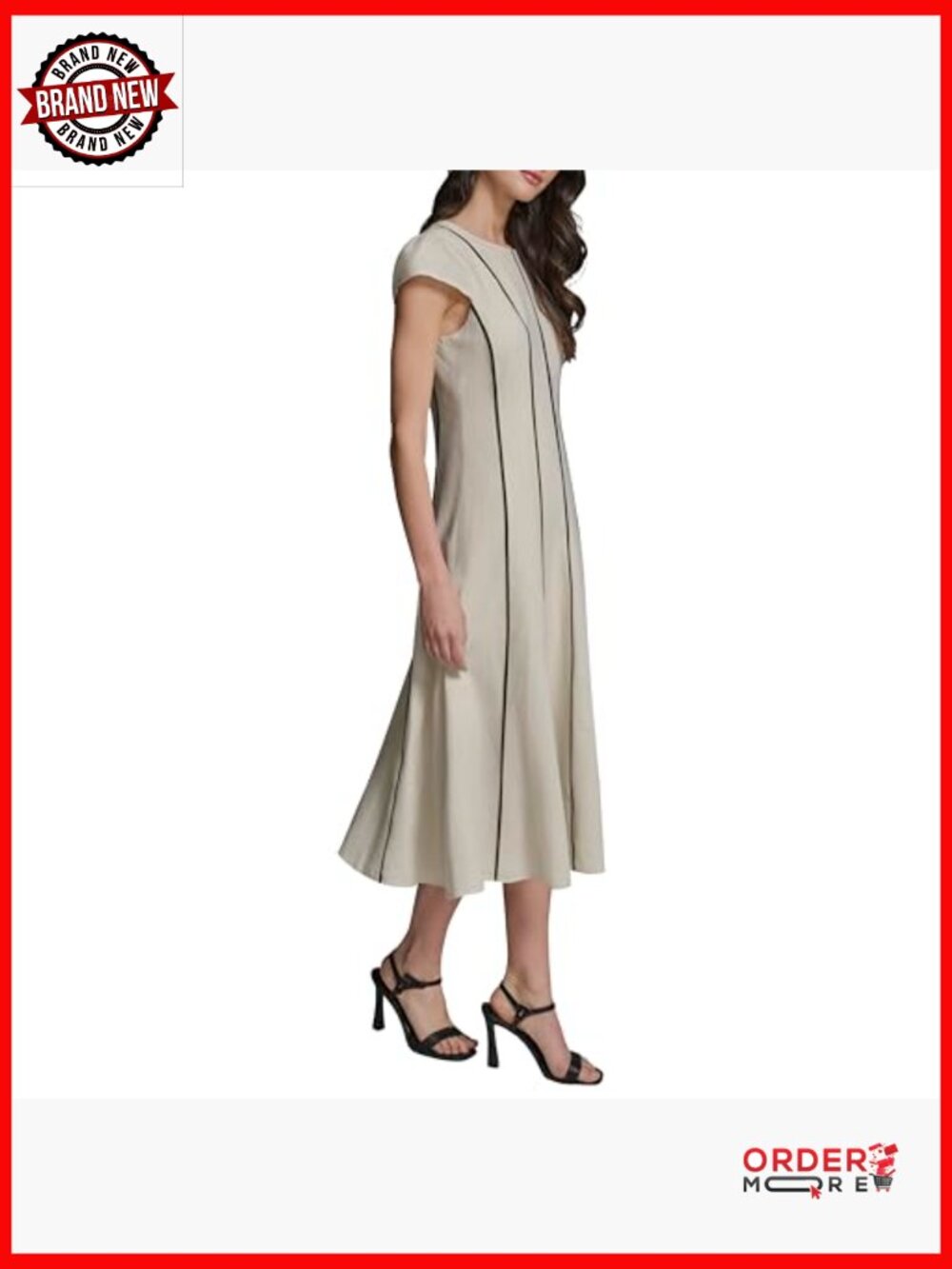 Sleeveless Crew Neck Linen Midi Dress with Contrast Seaming - Picture 3 of 5